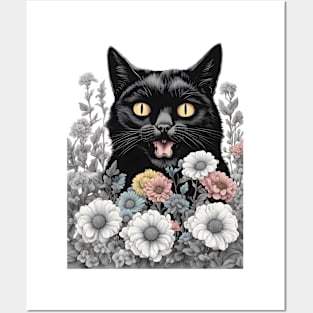 retro black cat flowers Posters and Art